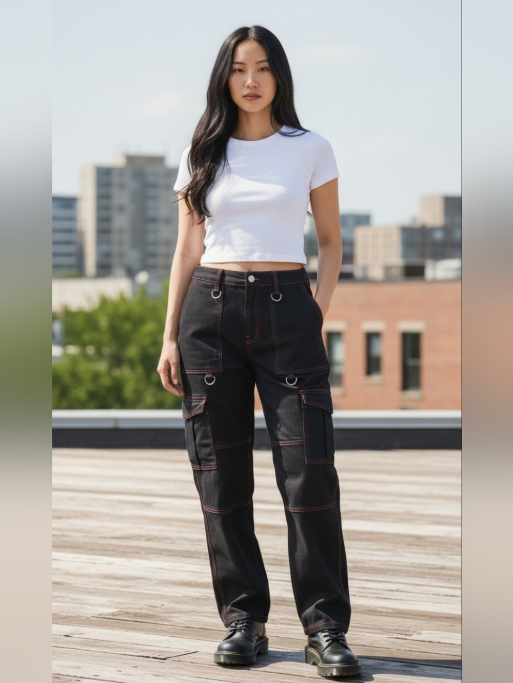 Aphrodite Black Cargo Pants with Contrast Stitching
